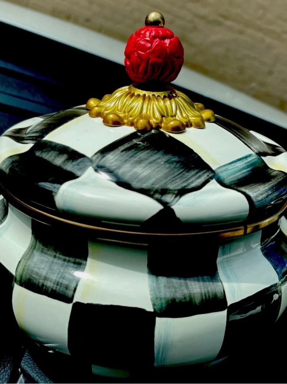 MacKenzie-Childs Courtly Check Squashed Pot Black & White
